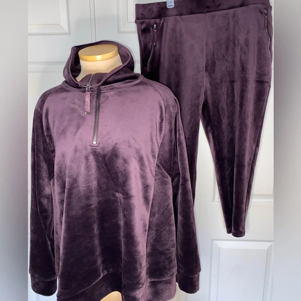 2 PC Chico’s Velour Plum Purple Half Zip Pullover & Ankle Pants Lounge SET